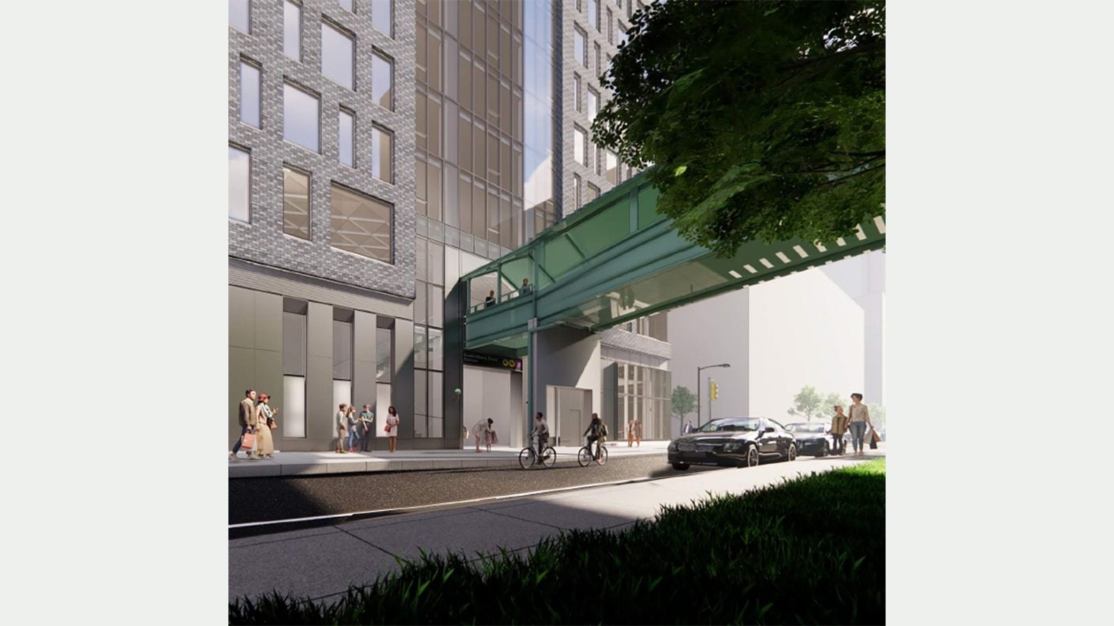 Rendering of the base of a tower faced in gray brick with tall glass windows, a green steel pedestrian bridge from the subway crossing above the sidewalk into a glass entrance marked Queensboro Plaza Station, small figures walking and cycling, two parked black cars and a tree at right