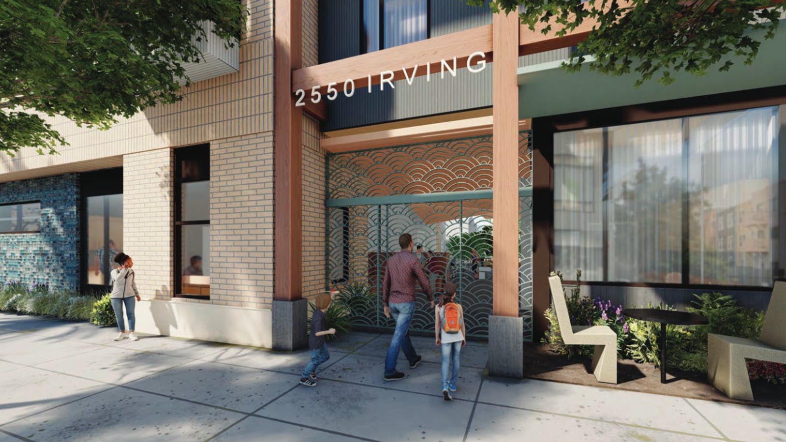 Rendering of a building entrance with the words 2550 Irving above a patterned metal gate, between brick walls and large windows, with people walking in and benches at the sidewalk