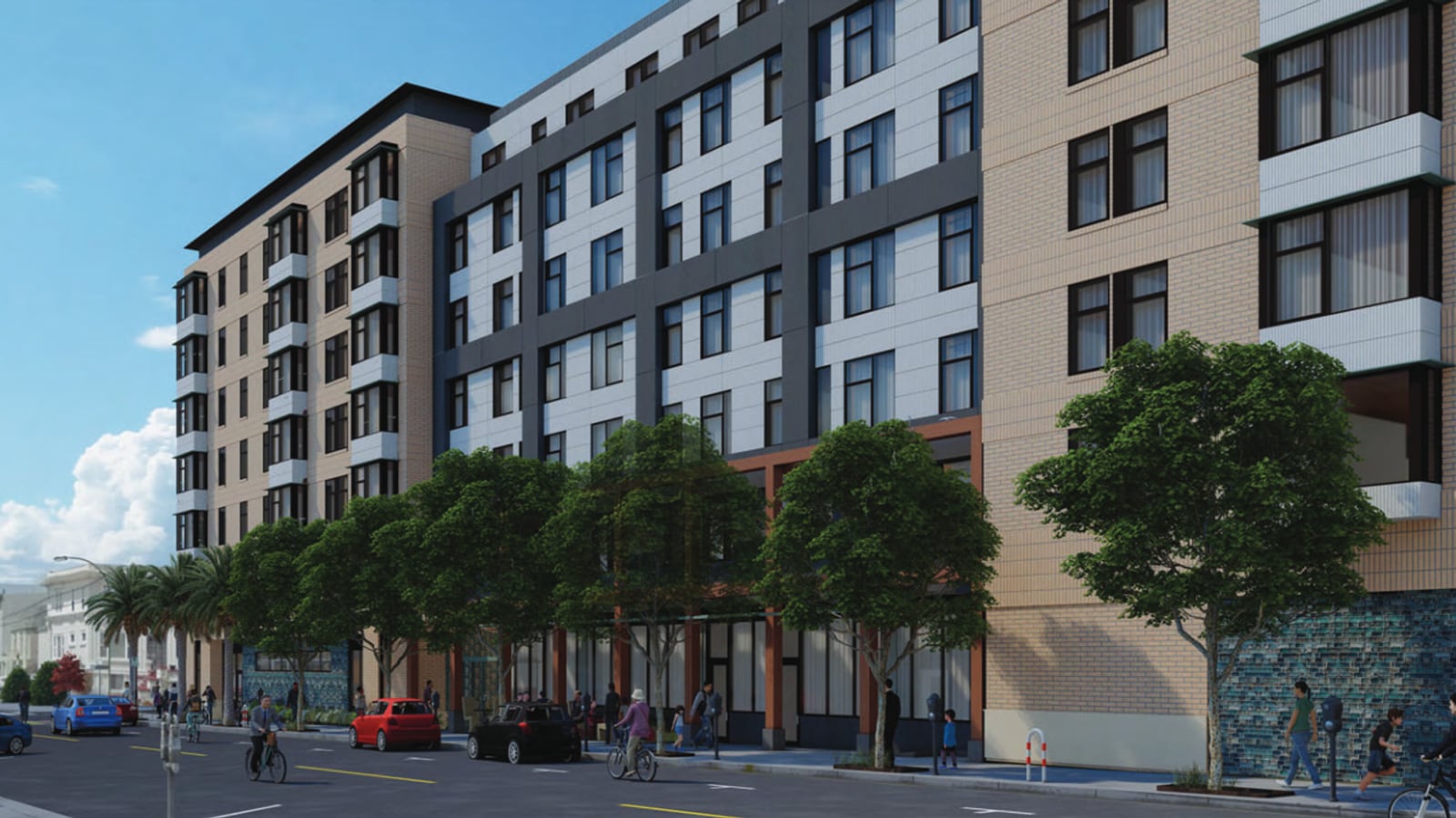 Rendering of the building from the corner of Irving Street and 26th Avenue: a long seven-story facade in tan brick with a darker middle section, street trees and a tiled base