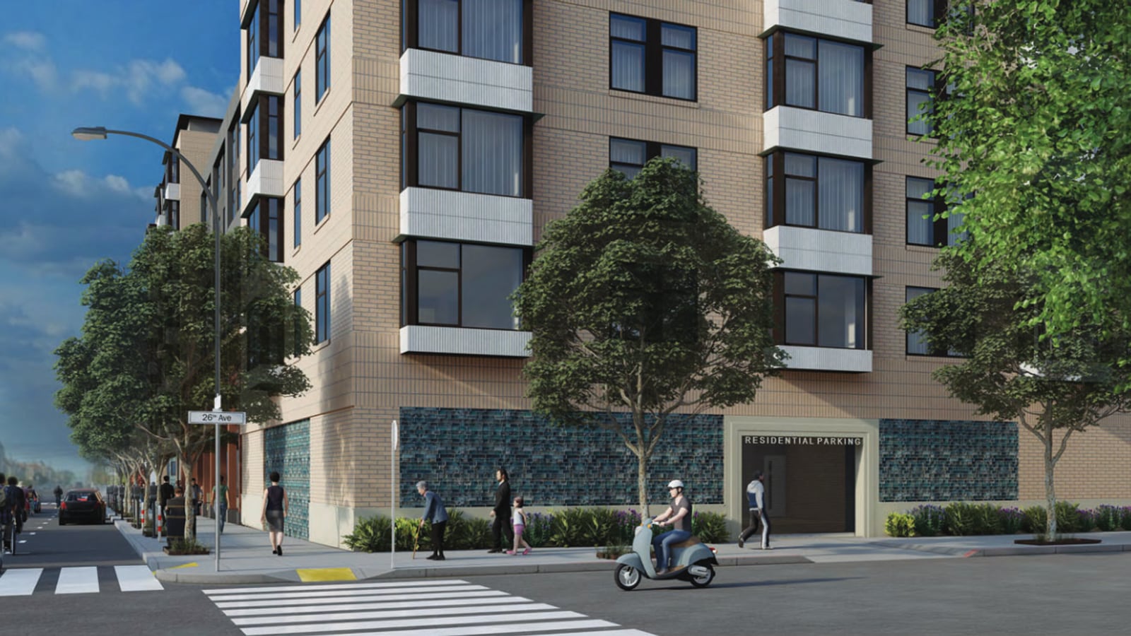 Rendering of the 26th Avenue side of the building with a garage door marked Residential Parking, a tiled base, street trees and a person on a scooter