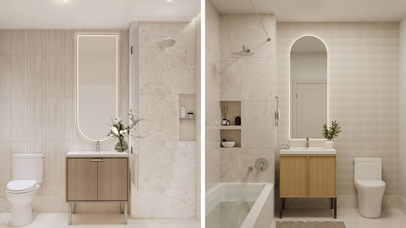 Two bathroom renderings side by side: at left a bathroom with a glass-walled walk-in shower, marble-look tile, a tall lit mirror, a wood vanity and a toilet; at right a bathroom with a tub and shower, a shelf niche, a tall arched lit mirror, a wood vanity and a toilet
