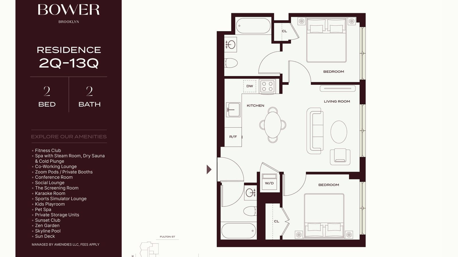 Floor plan of a two-bedroom, two-bathroom apartment labelled Residence 2Q-13Q, with a kitchen and living room in the middle, a bedroom at each end, two bathrooms with tubs, closets and a washer-dryer closet, beside a dark sidebar headed Bower Brooklyn that lists building amenities and the line Managed by Amenidies LLC, fees apply