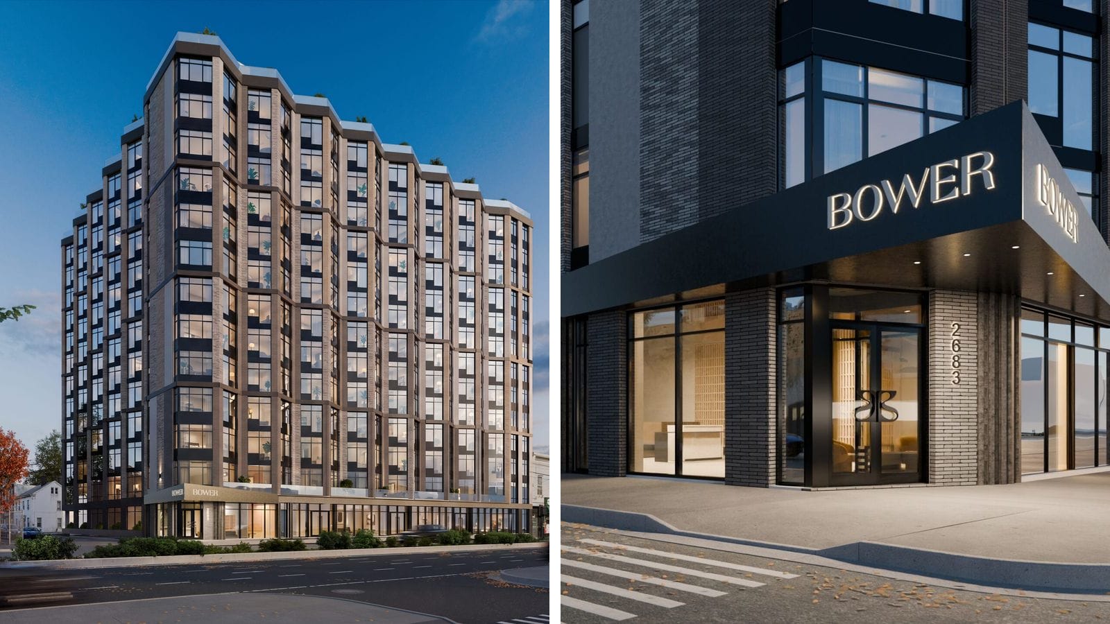 Two renderings side by side: at left a 13-story apartment building at dusk with pale brick piers, dark window bays that step in and out along the facade, lit windows and a low row of shops along a wide street; at right a close view of a corner entrance with a black canopy lettered BOWER, glass doors, dark brick walls and the numbers 2683 on a pier