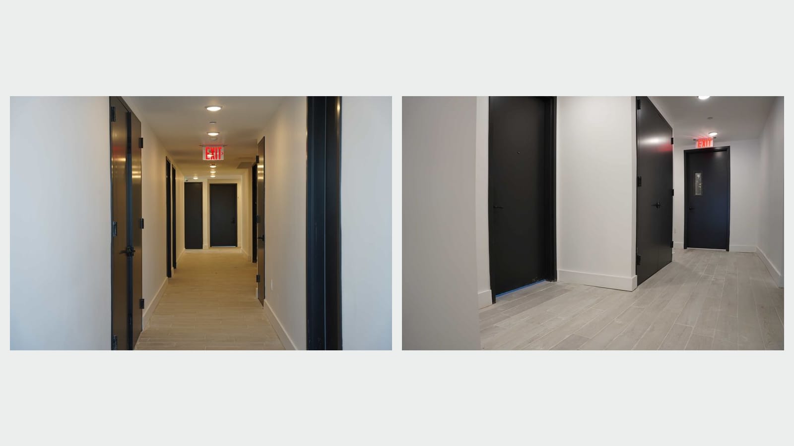 Two photographs side by side of a building hallway with wood-look tile floor, white walls, dark apartment doors, ceiling lights and a lit red exit sign at the far end