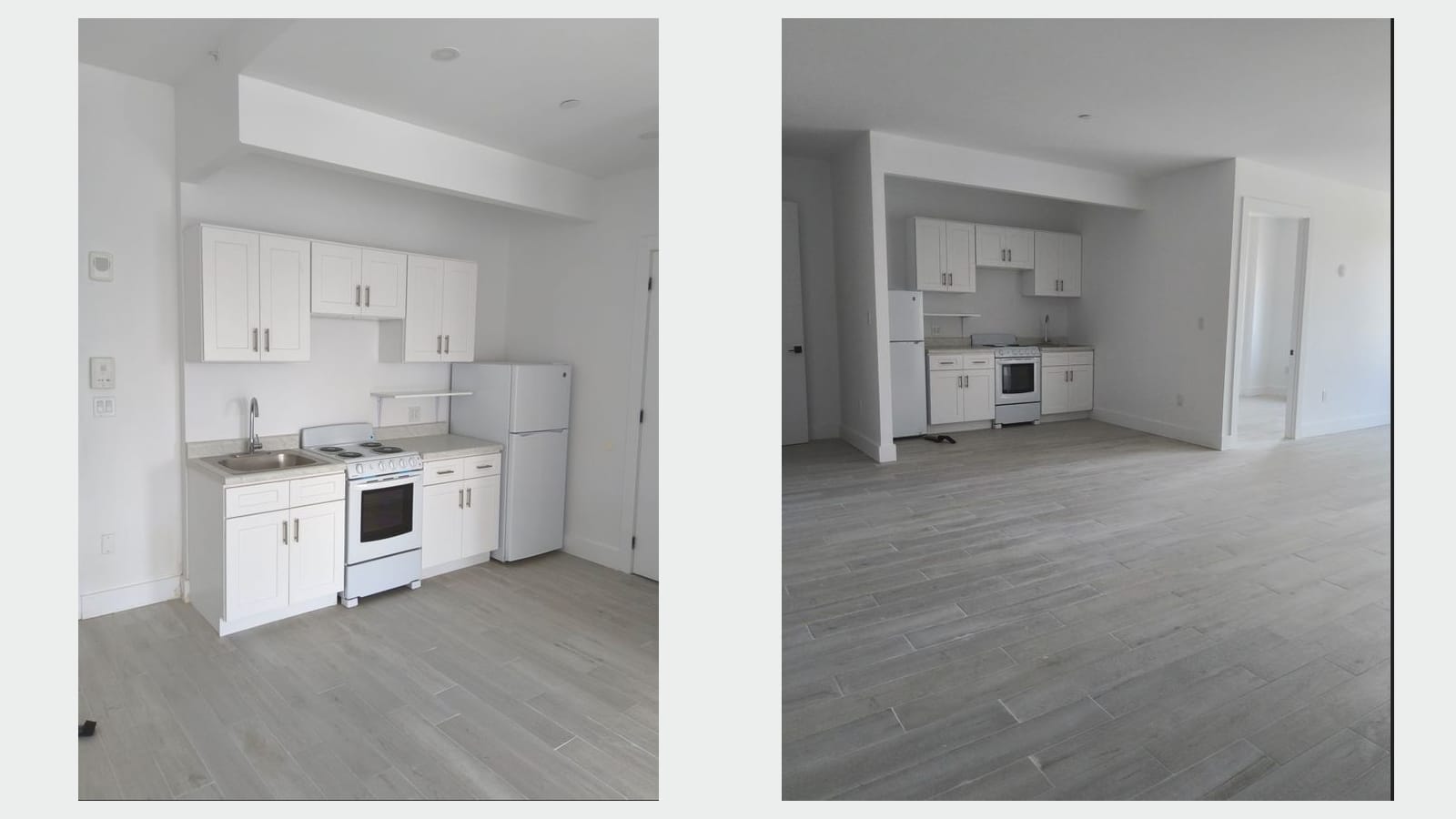 Two photographs side by side of finished kitchens with white shaker cabinets, a white refrigerator and a white range with electric coil burners on a wood-look tile floor; at right the kitchen sits in an alcove off a large empty room with a doorway to a bedroom