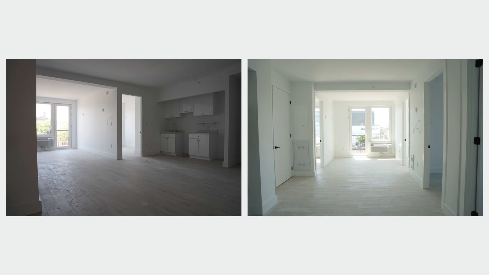 Two photographs side by side of empty, unfinished apartments with wood-look tile floors and white walls: at left a large room opening onto a smaller room with a glass balcony door and a wall unit, with white kitchen cabinets and a sink on the right wall and no appliances; at right a hallway looking through to a room with a glass balcony door, a wall unit and a wire hanging from the wall
