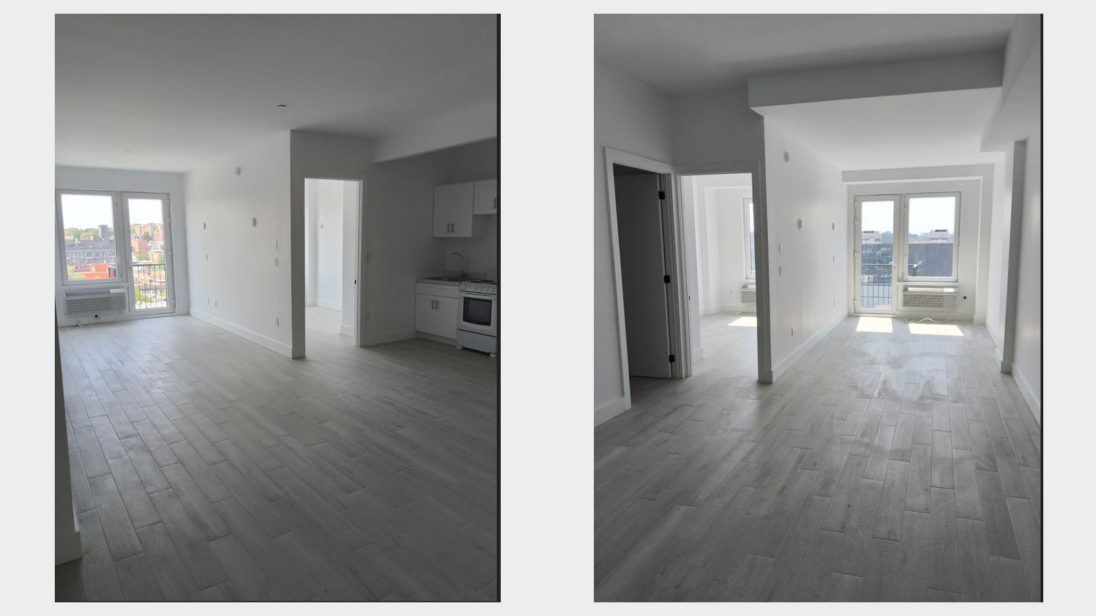 Two photographs side by side of empty living rooms with wood-look tile floors: at left a room with a glass balcony door, a wall unit and a white kitchen with a range at the right; at right a long room with a balcony door at the end and an open door to a bedroom