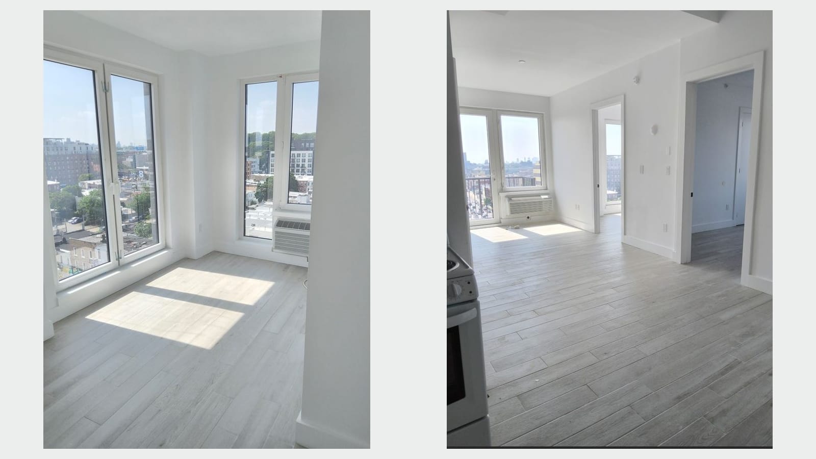 Two photographs side by side: at left a sunny corner room with tall windows on two walls looking over low-rise rooftops and trees, and a wall unit under one window; at right a living room with a balcony door, a wall unit and two open doorways, with the edge of a white range in the foreground