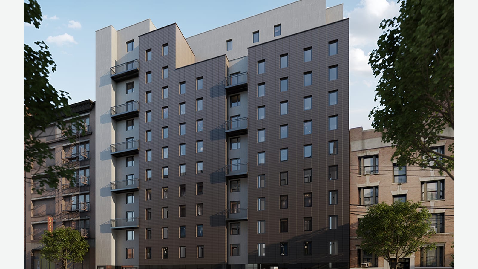 Rendering of a 12-story apartment building with a dark brown panel facade, light grey side sections with stacked balconies on the left and in a central recess, stepped setbacks at the top, and older five- and six-story brick buildings and street trees on either side