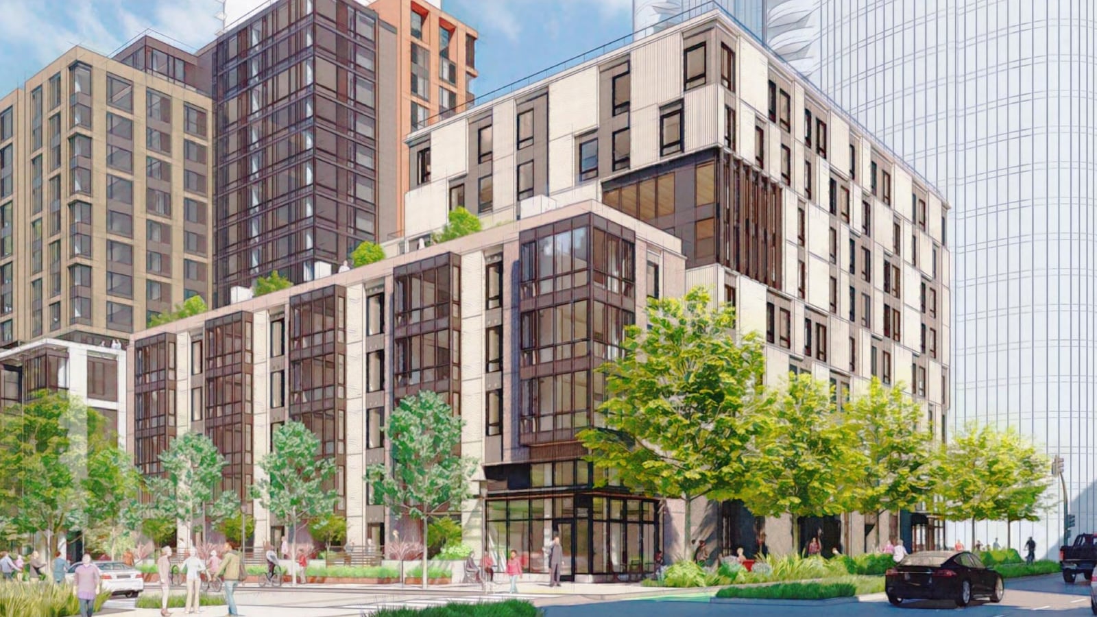 Rendering of the building from a street corner: a lower wing with tall bay windows and a planted roof terrace steps up to the nine-story block, with a glass-walled ground floor and street trees