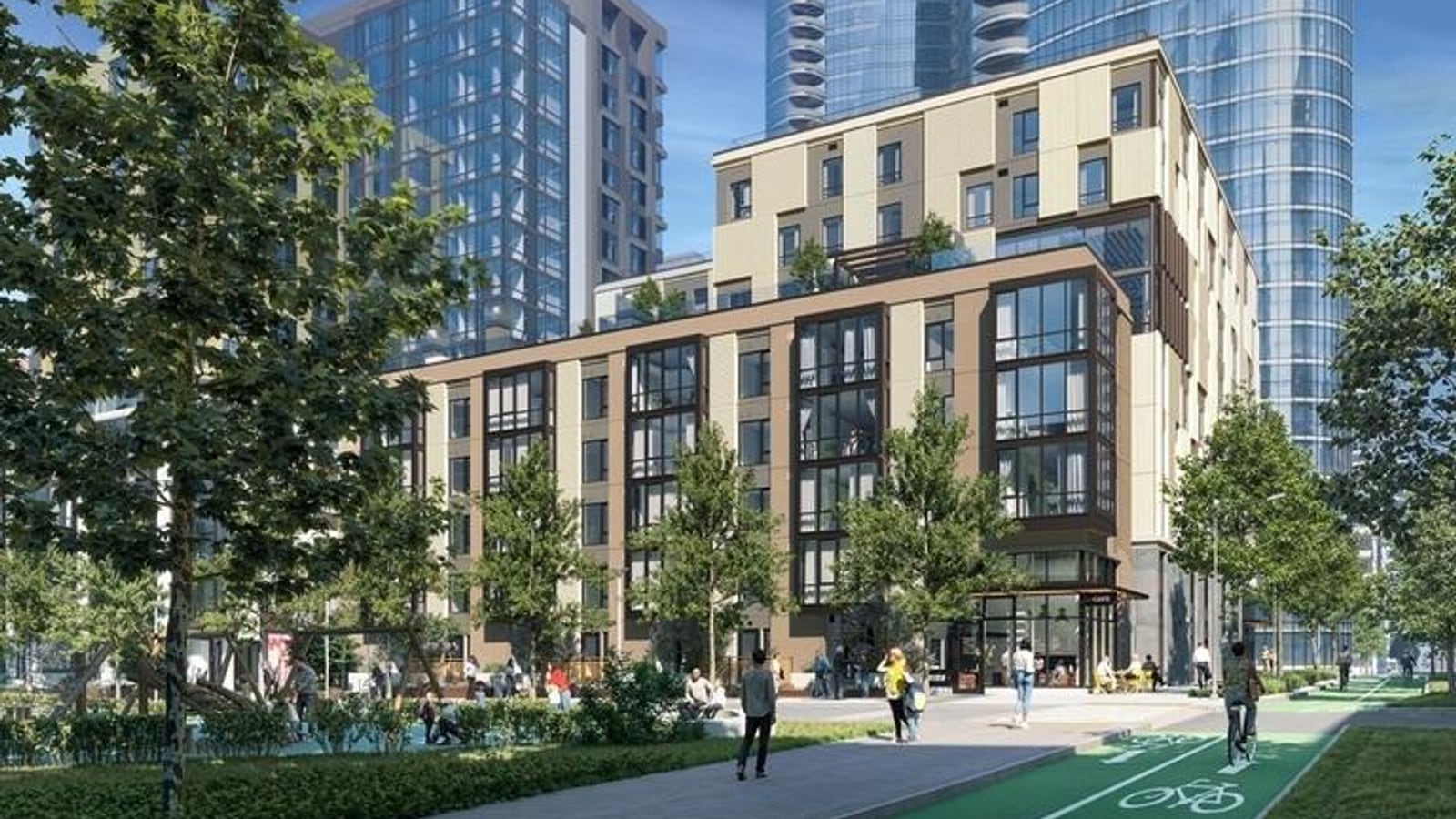 Rendering of the building seen across a planted open space with a play area and a green bicycle lane: a lower wing with bay windows and a roof terrace in front of the taller block, with glass towers behind