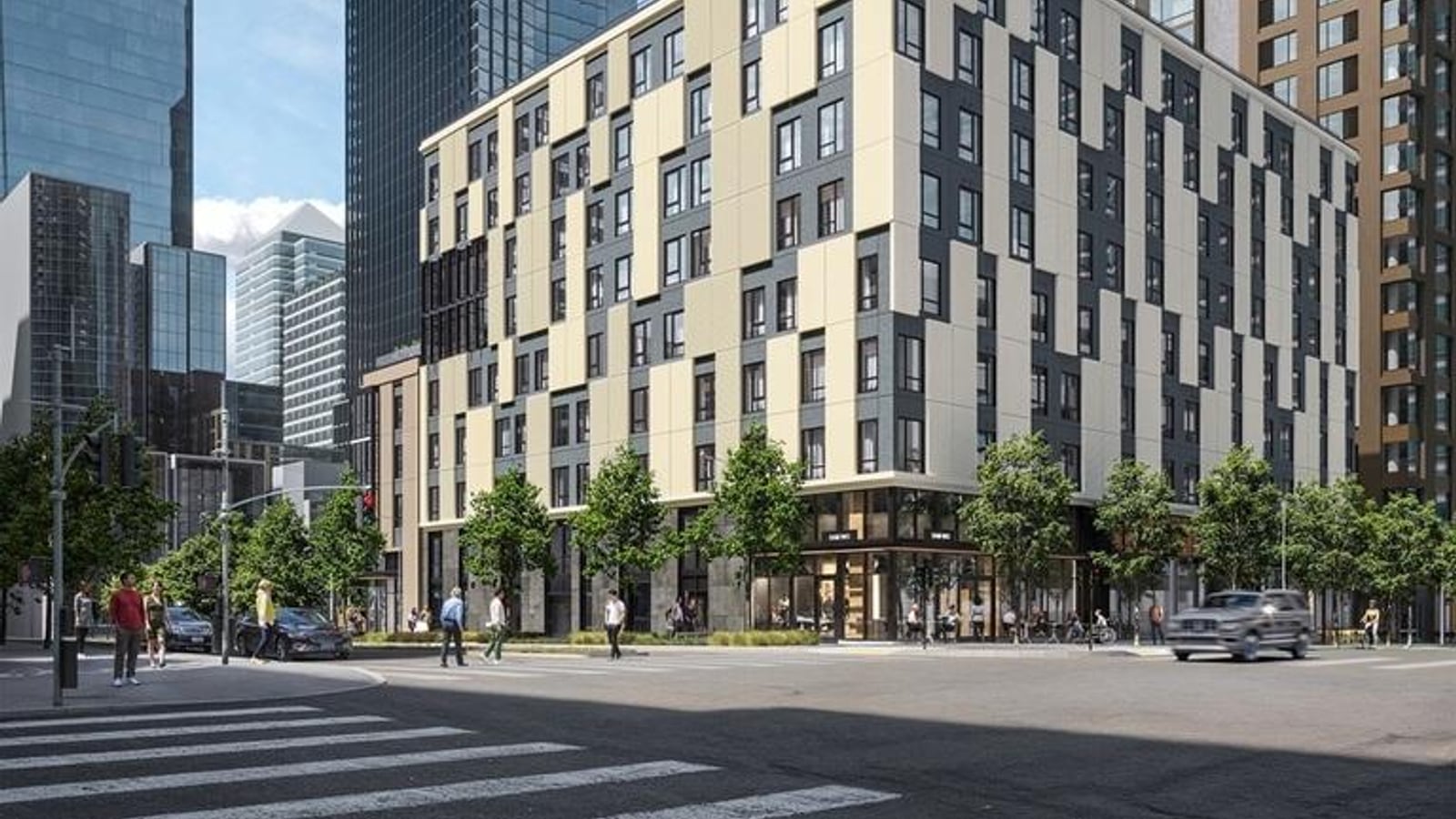 Rendering of the nine-story building from across an intersection: cream and dark gray panels in a staggered pattern above a glass ground floor with shop spaces, people crossing the street and office towers behind
