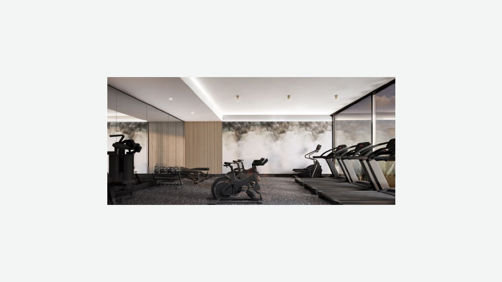 Rendering of a gym with dark speckled flooring, treadmills along a window wall, an elliptical, two exercise bikes, a weight bench, kettlebells and a cable machine, in front of a large gray cloud-pattern mural
