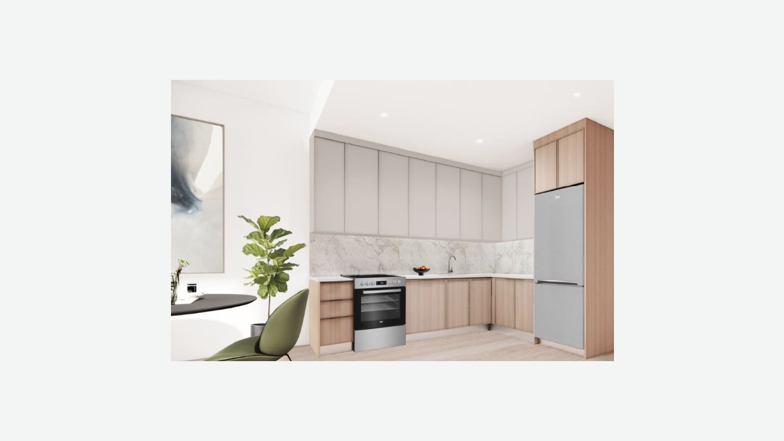 Rendering of an apartment kitchen with light wood lower cabinets, pale gray upper cabinets, a marble-look backsplash, a stainless electric range and a tall stainless refrigerator, with a round table and a green chair in front
