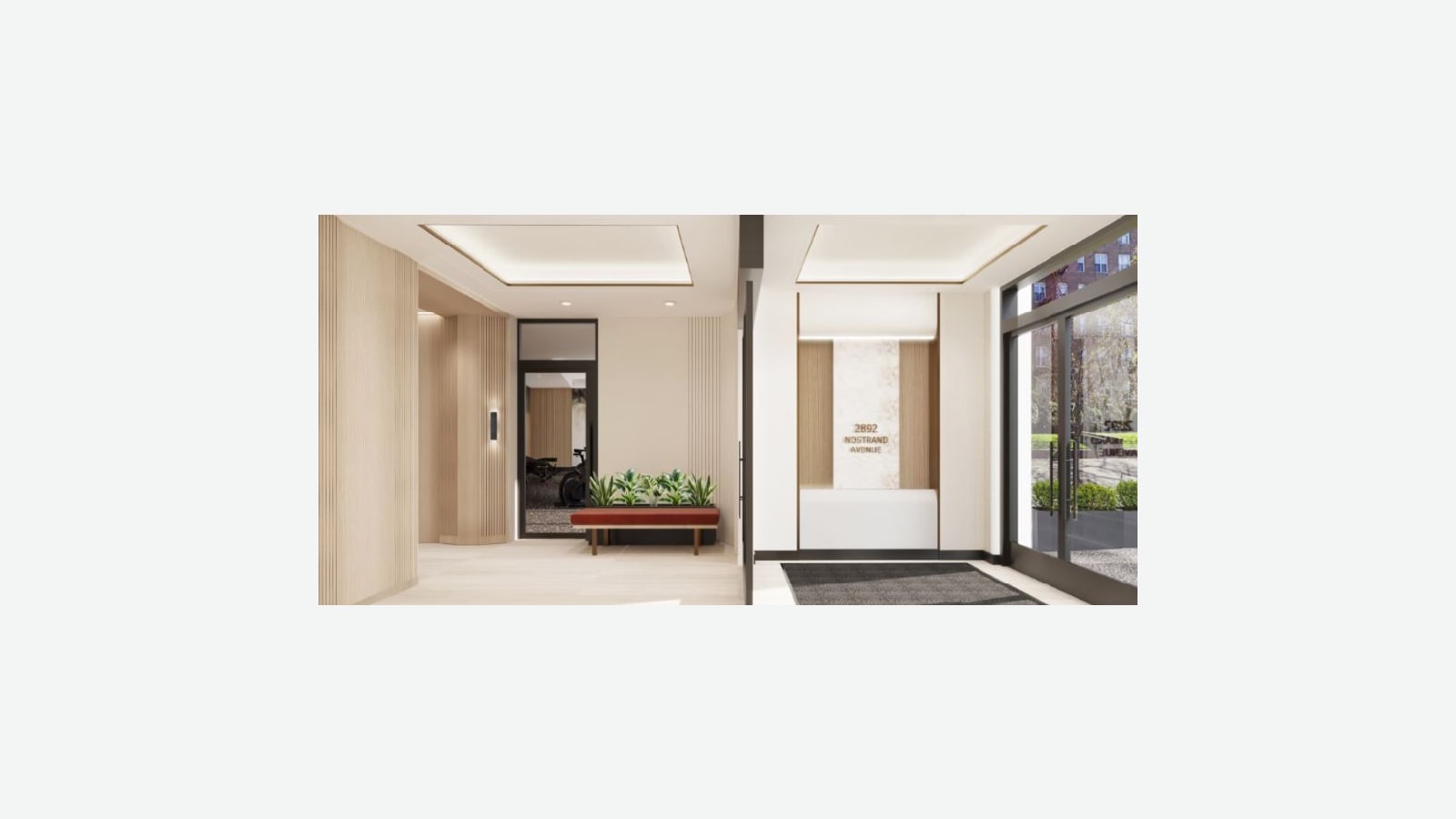 Rendering of a building lobby with pale wood slat walls, a red bench in front of a planter, a glass door to a gym, a white reception wall with the words 2892 Nostrand Avenue, and glass entrance doors looking onto trees and brick buildings