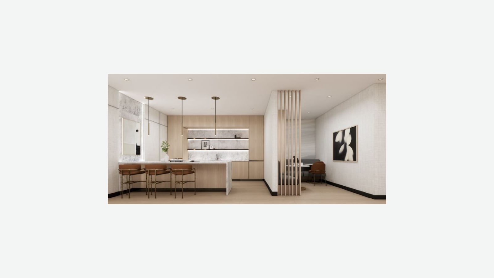 Rendering of a shared lounge with a marble-topped kitchen island and three brown stools, wood cabinets with lit shelves, a wood slat screen, a booth seat with a table, and a black and white artwork on a white wall