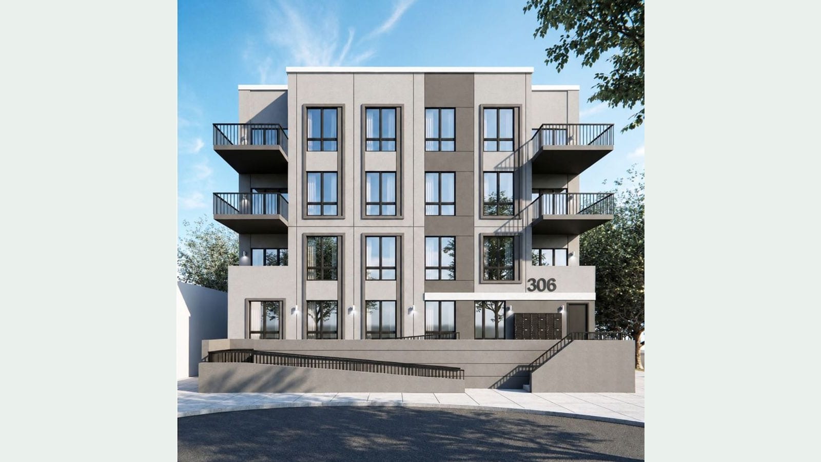 Rendering of a 4-story building with a gray and dark gray facade, tall windows, balconies with black railings on the upper floors at both ends, the number 306 at the entrance, mailboxes beside a door, a ramp along the front and trees behind, under a blue sky