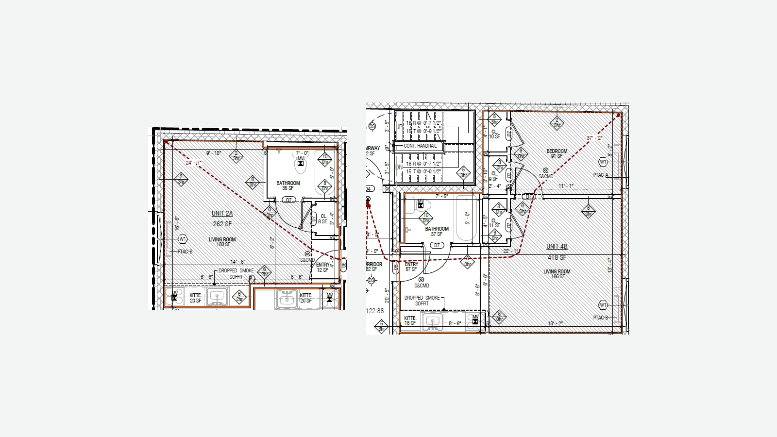 Two architectural floor plans side by side on a light gray background: on the left a studio marked Unit 2A, 262 square feet, with a living room, bathroom with tub, closet, entry and a kitchenette along the bottom wall; on the right a one-bedroom marked Unit 4B, 418 square feet, with a bedroom, living room, bathroom, three closets, entry, kitchenette and the building stair at the upper left