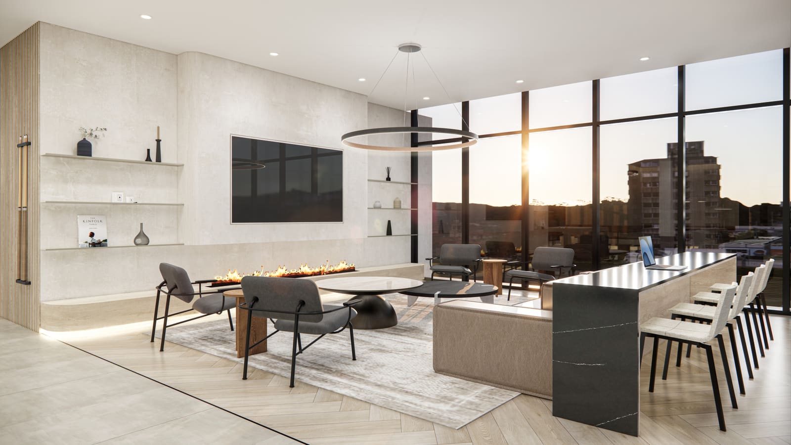 Rendering of a lounge with floor-to-ceiling windows at sunset, grey armchairs around low round tables, a long linear fireplace under a wall-mounted television and stone shelves, a ring-shaped ceiling light, and a dark stone counter with white stools along the windows