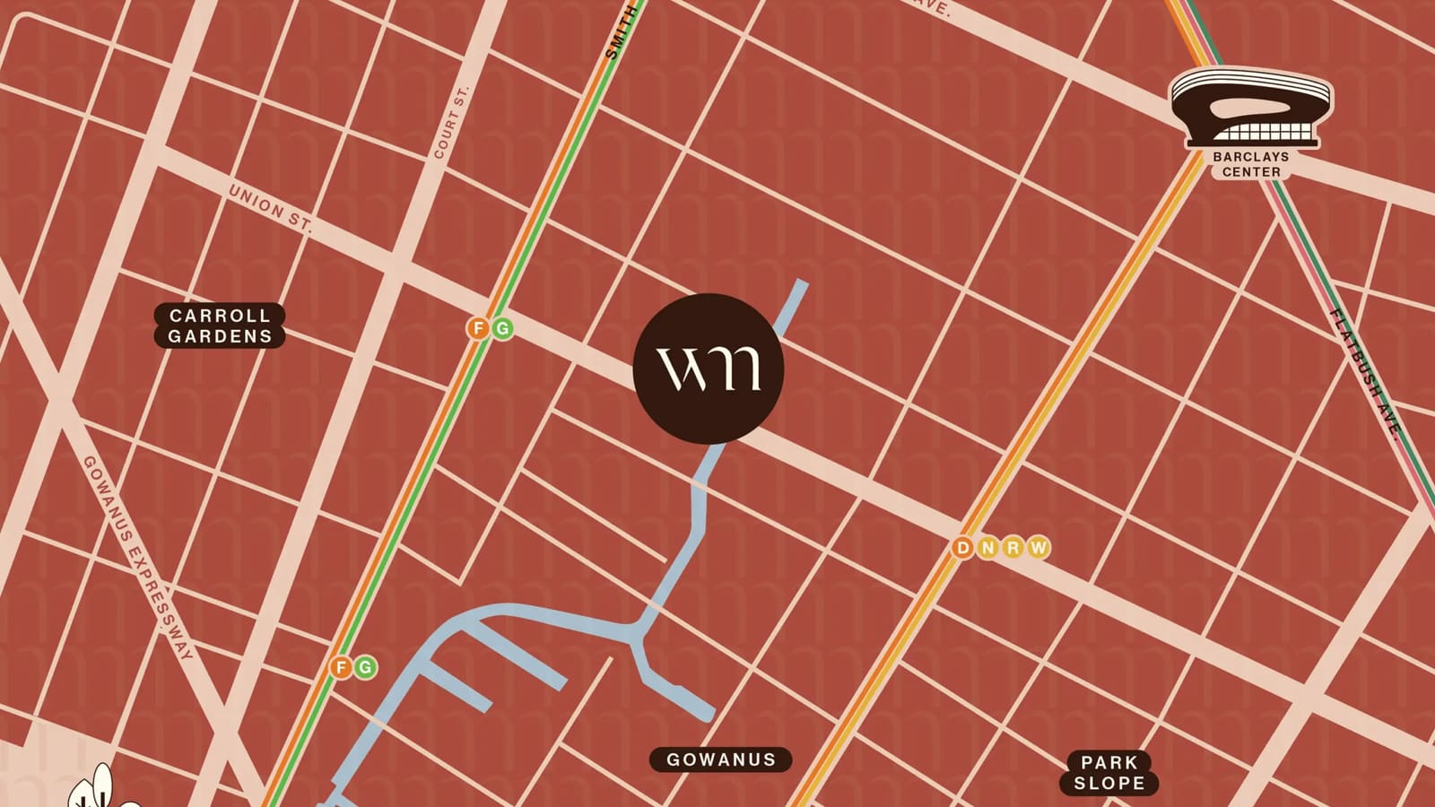 Illustrated street map in brick red and cream with a dark circle marked wm beside the head of a blue canal, coloured subway lines along Smith Street and 4th Avenue with two F and G markers and a D, N, R and W marker, labels for Carroll Gardens, Gowanus and Park Slope, street names including Union St., Court St. and Flatbush Ave., and a drawing of Barclays Center at the upper right