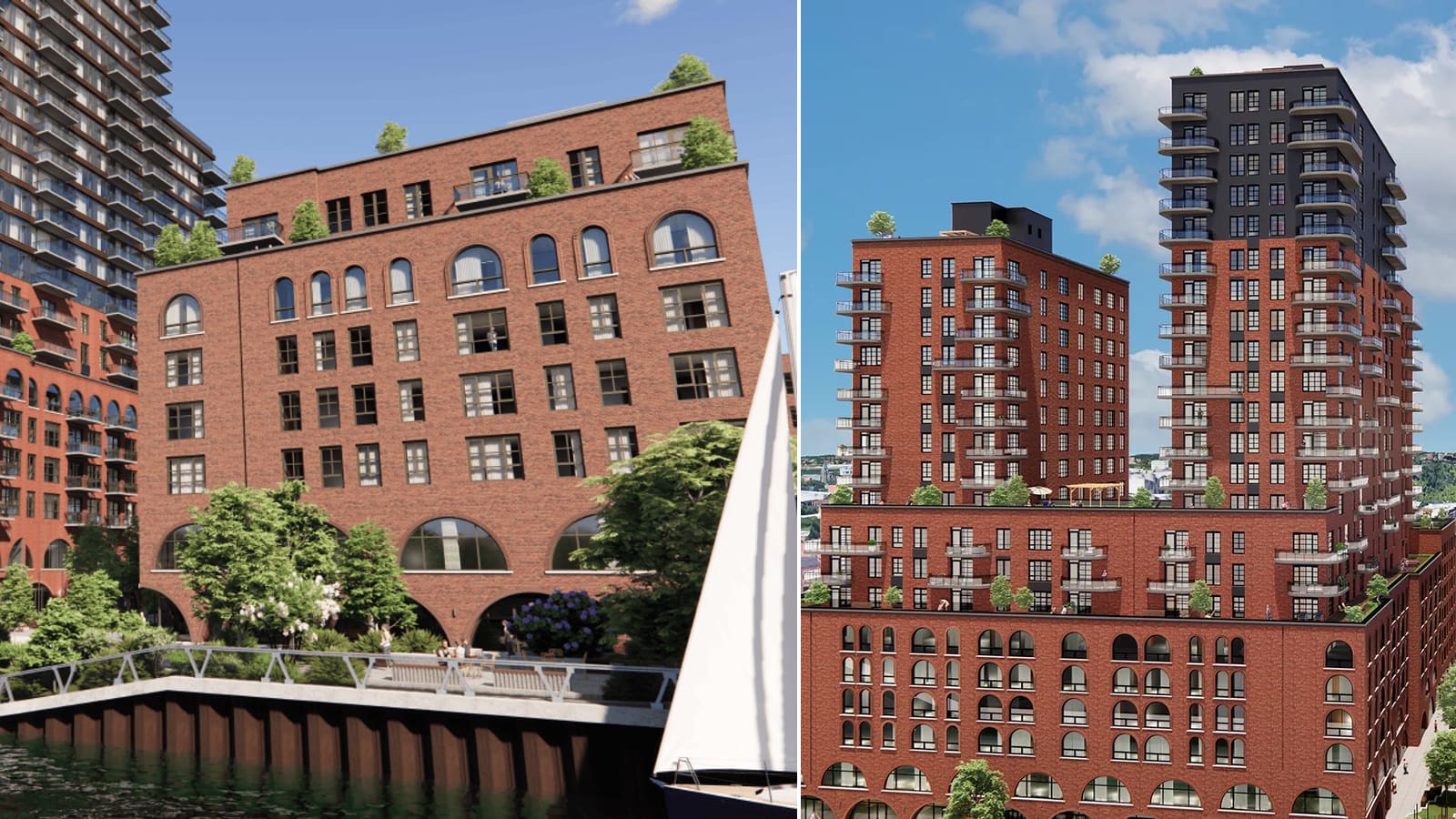 Two renderings side by side: at left, a red-brick building about eight stories tall with arched windows on its upper floor and large arched openings at its base, behind trees and a railing at the edge of a canal, with a glass and brick tower rising behind it and part of a white sail in the foreground; at right, two red-brick towers of different heights with rows of balconies, the taller one finished in dark panels at the top, rising from a shared brick base with arched windows