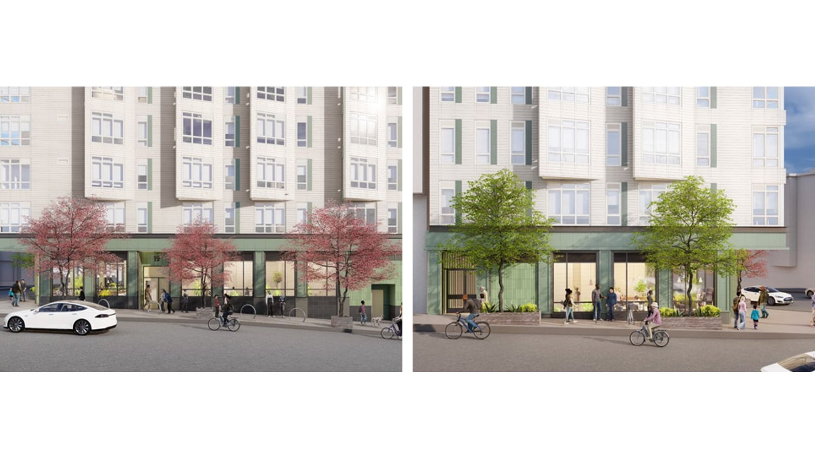 Two renderings of the street level of 3300 Mission Street: a glass entrance marked 19 between green-tiled storefronts, and a corner storefront with people outside, street trees and cyclists