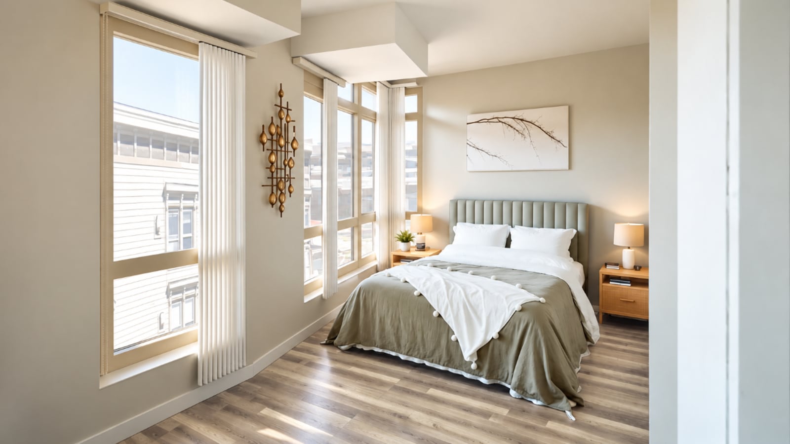 Rendering of a studio sleeping area with a made bed, two nightstands with lamps, wood-look flooring and tall windows on two sides