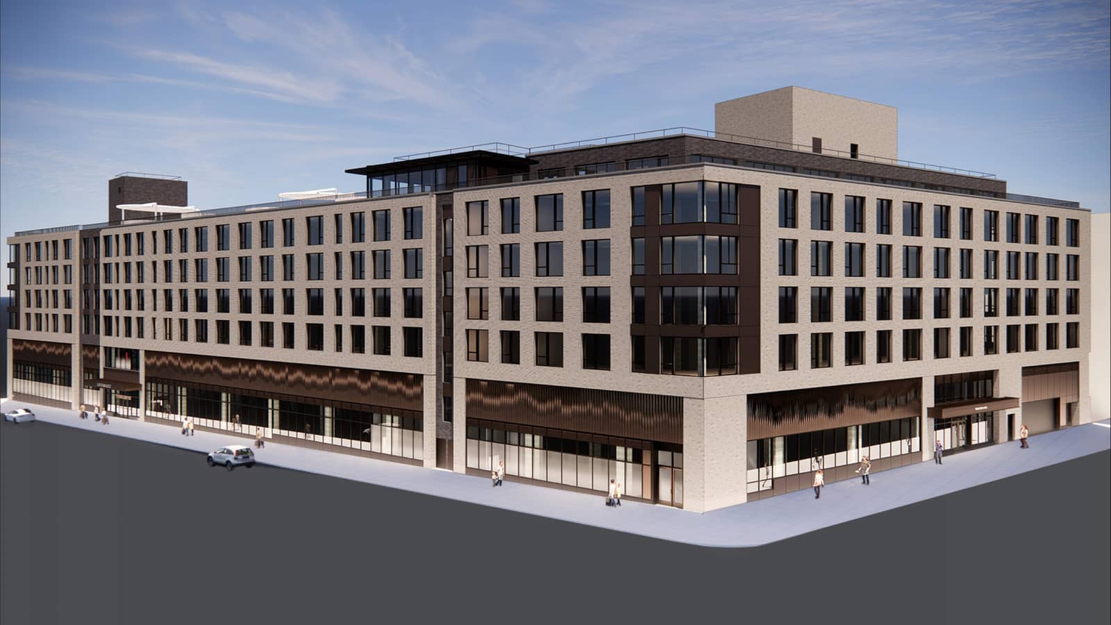 Computer rendering of a seven-story apartment building in beige brick seen from a street corner, with dark bronze corner window bays, a wavy bronze band over glass storefronts, a rooftop structure and small figures on a wide pale sidewalk
