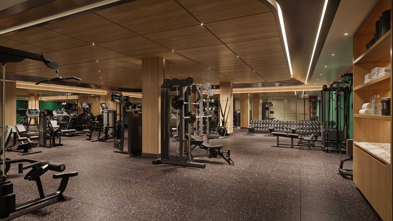 Rendering of a gym with weight machines, racks of dumbbells and wood ceiling panels