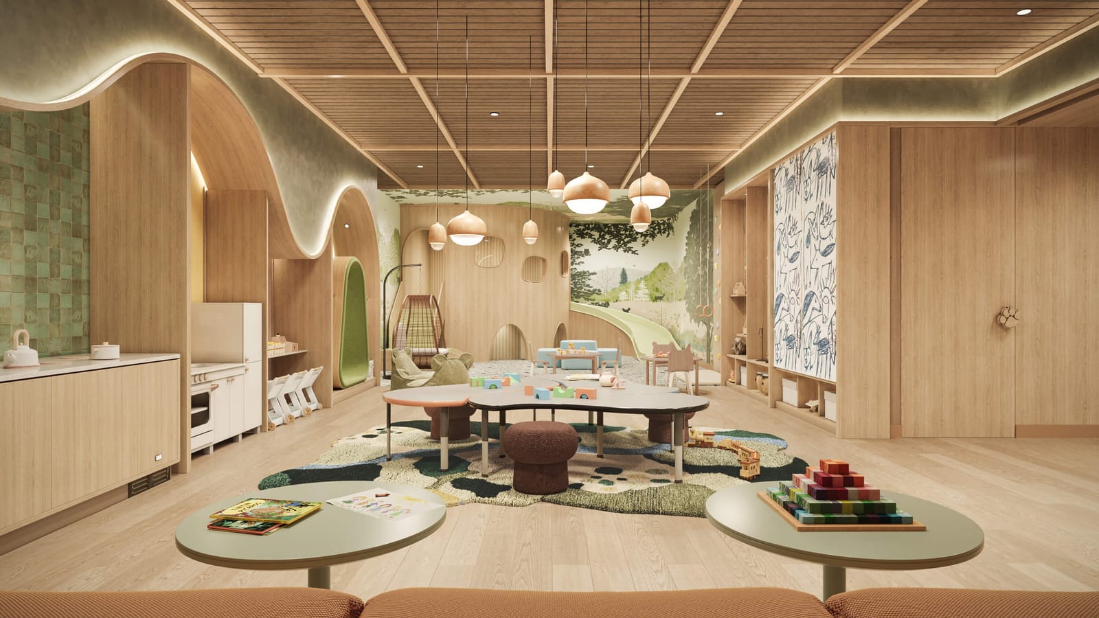 Rendering of a playroom with curved wood walls, low tables with toys, hanging lamps and a painted landscape mural