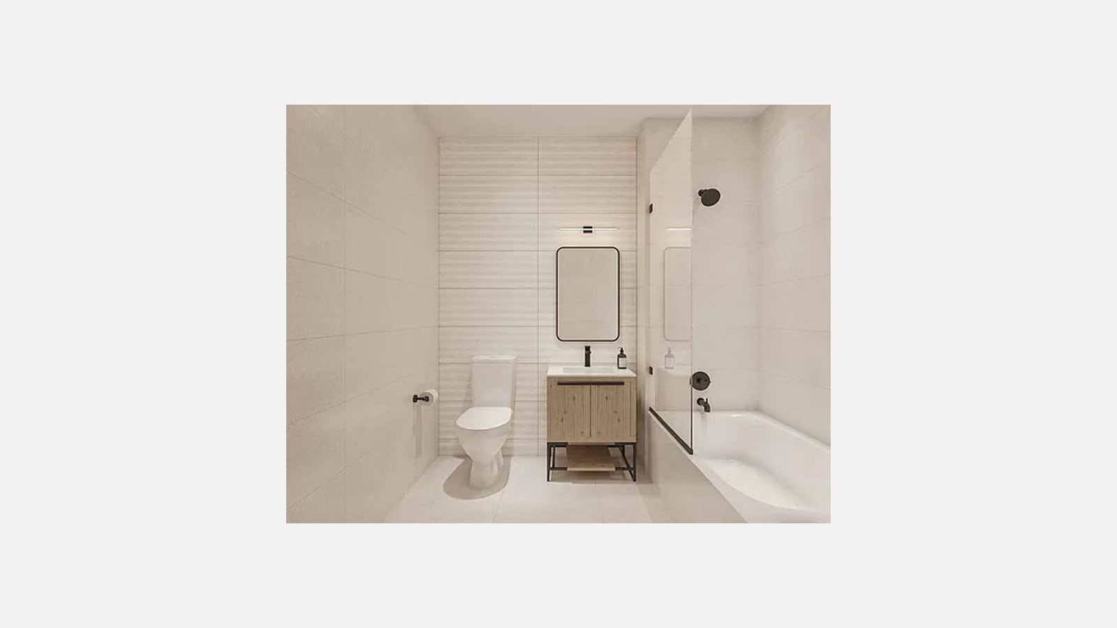 Rendering of a bathroom with pale ribbed wall tile, a white toilet, a wood vanity on black metal legs with a black faucet, a rounded black-framed mirror, and a bathtub with a glass shower screen and black fixtures