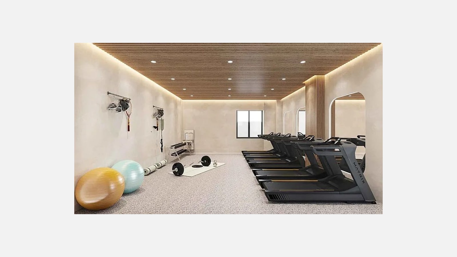Rendering of a fitness room with a slatted wood ceiling, a row of treadmills along the right wall, exercise balls, a barbell on a mat, a dumbbell rack and racks of equipment on the left wall