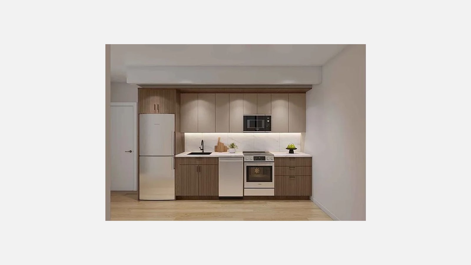 Rendering of a one-wall kitchen with wood-grain lower cabinets, beige upper cabinets, a stainless steel refrigerator, a dishwasher, an electric range with a smooth cooktop and oven, a built-in microwave and light wood floors