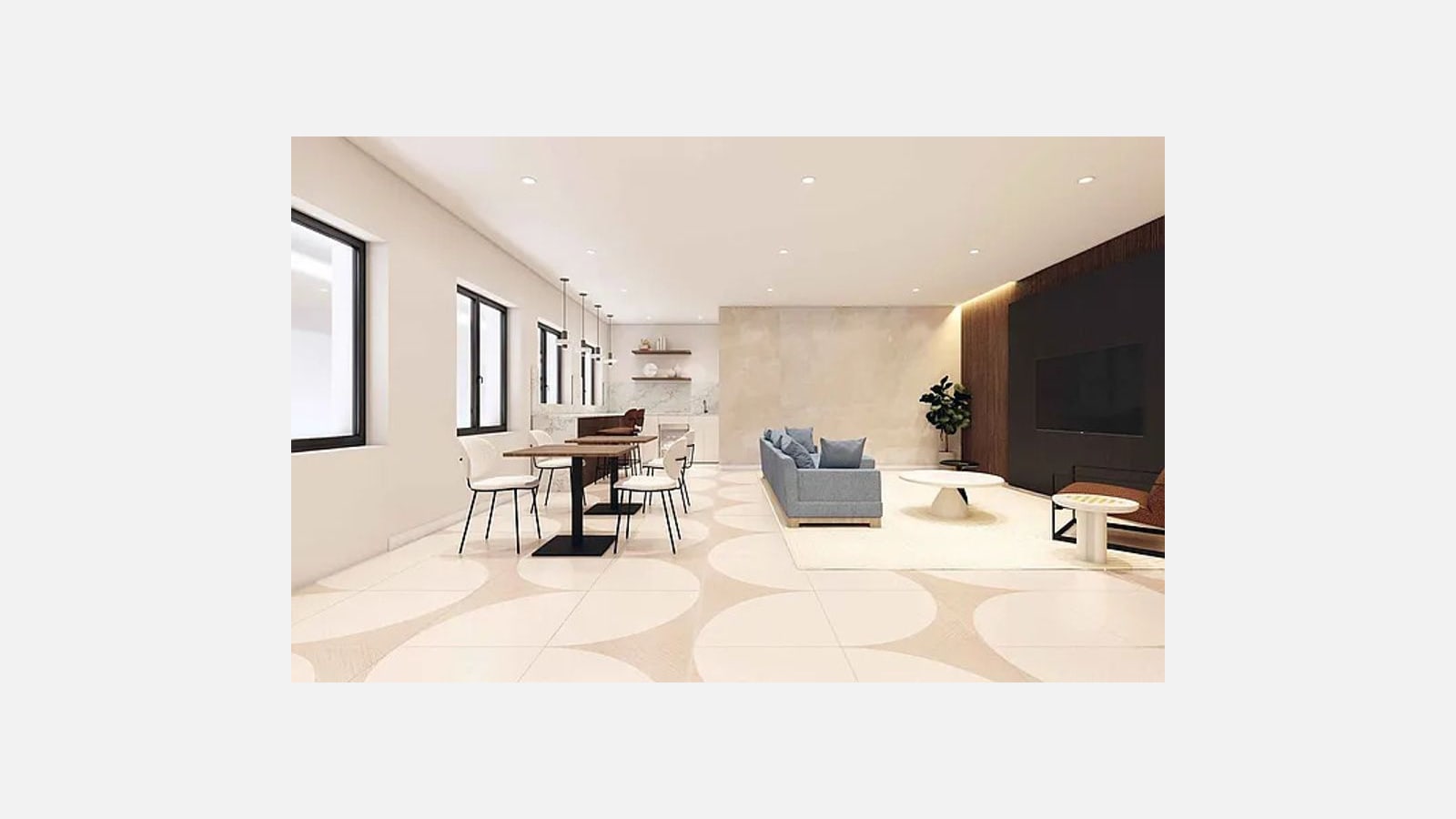 Rendering of a long bright room with pale circle-patterned floor tiles, a dining table with white chairs, a counter with pendant lights at the back, a blue sofa, a round white coffee table and a blank wall-mounted screen on a dark wood wall