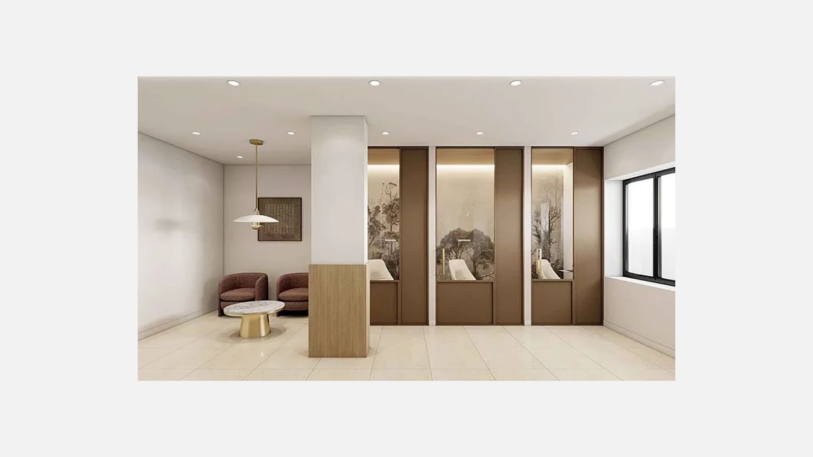 Rendering of a room with three glass-fronted booths with seats, a wood-clad column, two dark red armchairs around a marble-topped table, a pendant lamp and a framed picture on the wall