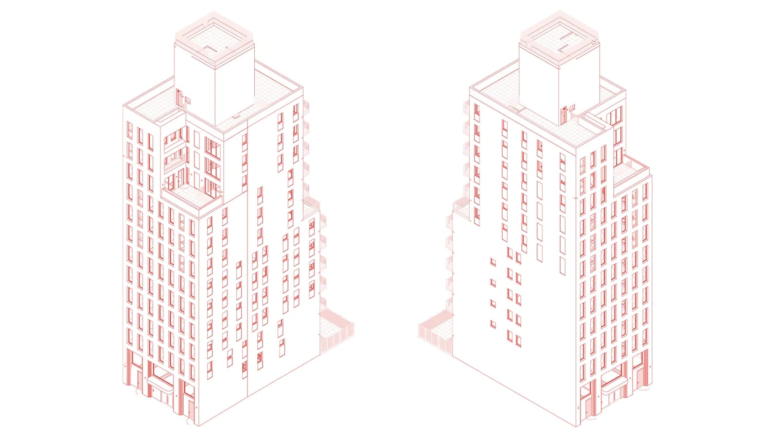 Two red line drawings of the same tall, narrow building seen from above at opposite corners, showing its rows of windows, terraces where the upper floors step back, and a box-shaped structure on the roof