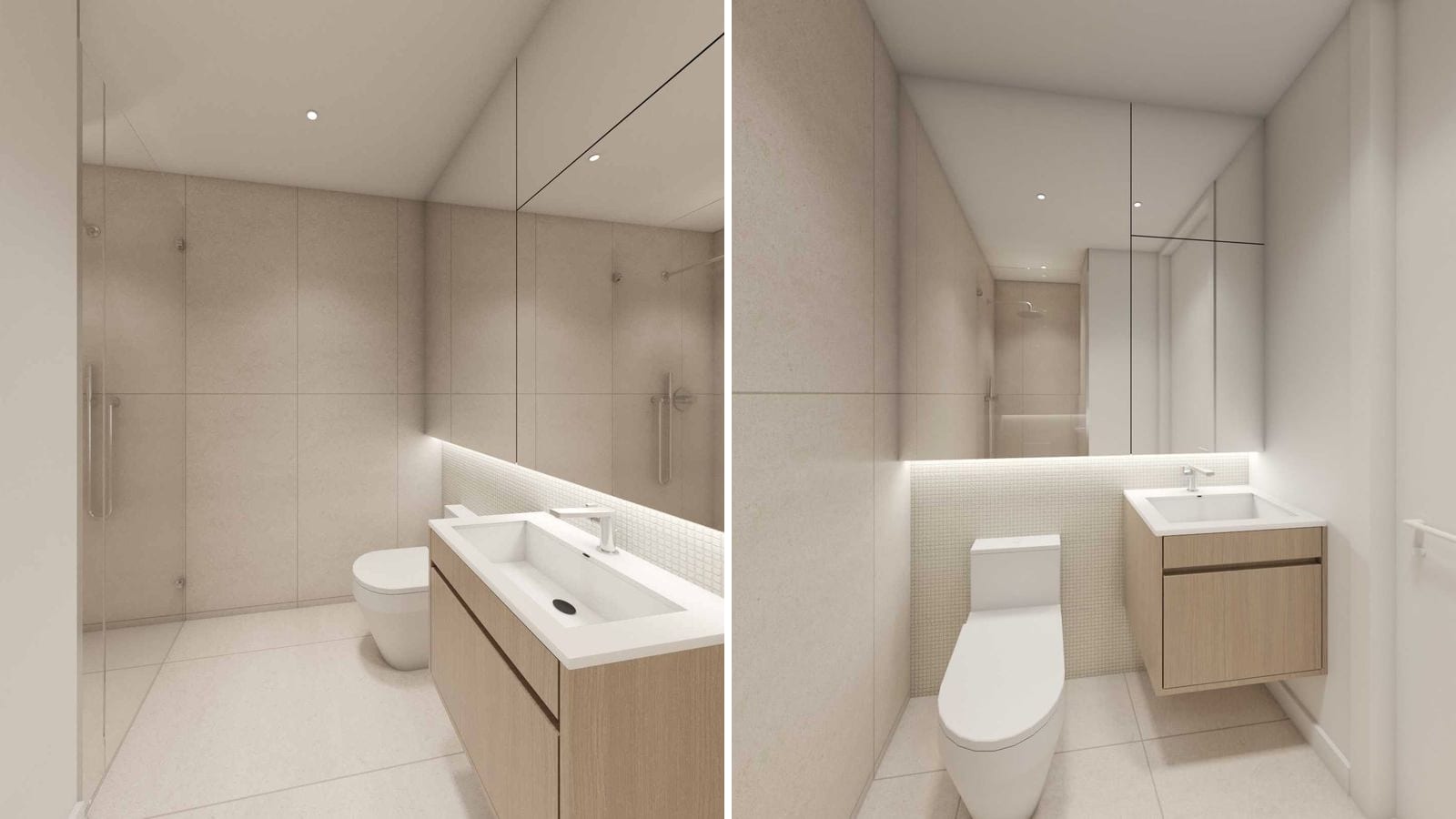 Two bathroom renderings side by side: at left a walk-in shower behind a glass door, a toilet and a wide white sink on a light wood vanity under a long mirror; at right a smaller room with a toilet, a small wall-hung wood vanity and mirrored cabinets that reflect a shower