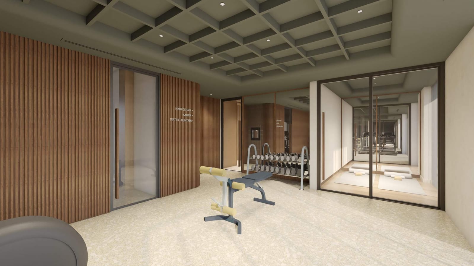 Rendering of a fitness room with a coffered grey ceiling, wood slat walls, a weight bench, a rack of dumbbells, wall signs pointing to HYDROCHAIR, SAUNA and WATER FOUNTAIN, and glass doors into a narrow room with exercise mats