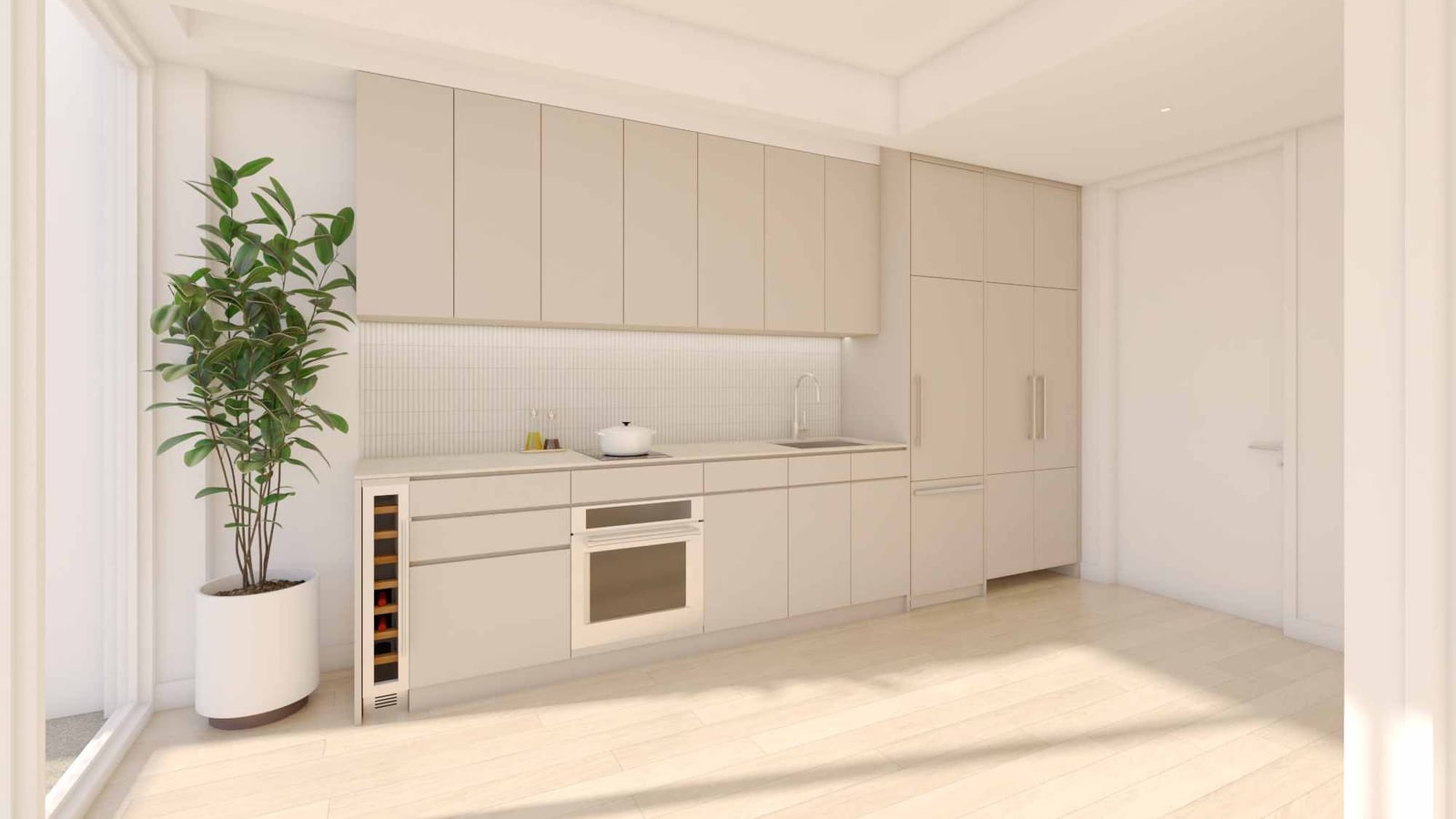 Rendering of a kitchen along one wall: pale beige flat-front cabinets above and below, a white tile backsplash, a flat cooktop with a white pot on it, a wall oven, a narrow wine cooler at the left end, tall panelled cabinets with long handles, light wood floors, a tall potted plant and a glass wall at left