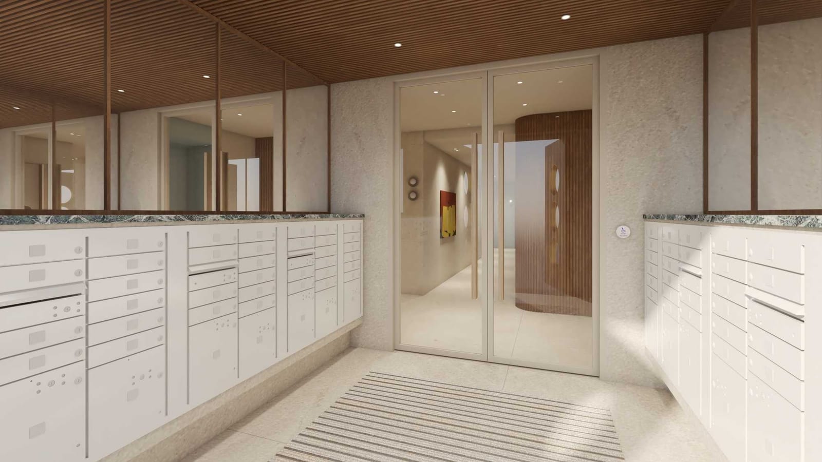 Rendering of an entry vestibule lined with white mailboxes under green stone counters and a wood slat ceiling, a striped floor mat, a round accessibility button beside glass double doors, and a lobby beyond with a curved wood slat wall