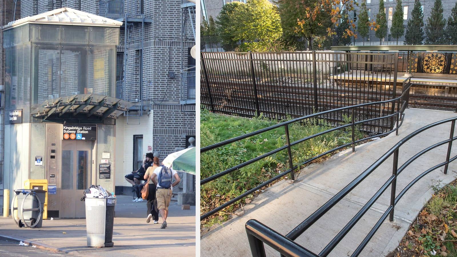 Two photographs side by side: at left a glass and steel elevator kiosk on a street corner with a sign reading Kingsbridge Road Subway Station, B and D, with the accessibility symbol, beside brick apartment houses with fire escapes, with two people walking away from the camera; at right a concrete ramp with black railings curving down beside a fenced track bed to a train platform with a patterned metal artwork panel