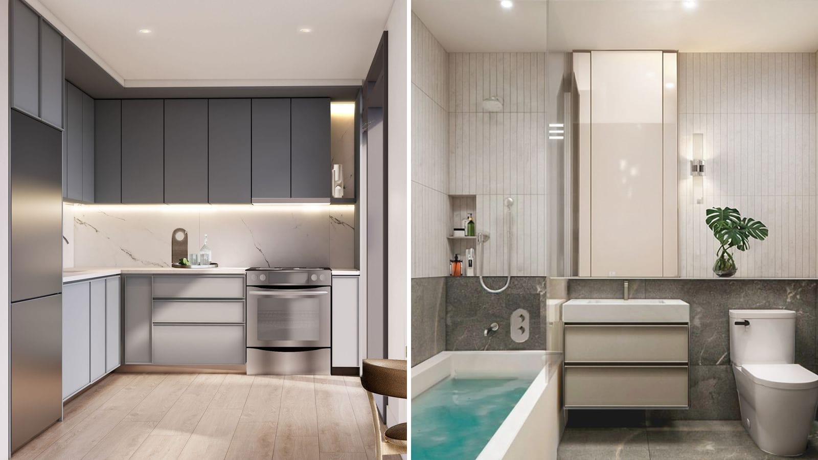 Two renderings side by side: at left a kitchen with gray upper cabinets, a white marble-look backsplash, a stainless refrigerator, a stainless range and light wood floors; at right a bathroom with a filled tub, a floating vanity under a tall mirrored cabinet, a toilet, and gray stone-look tile below pale ribbed tile