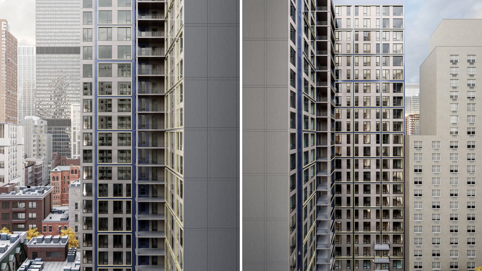 Two renderings side by side of the back of the buildings: tall facades in gray panels with thin blue and gold trim and a stack of small balconies with metal railings, with brick walk-ups and office towers behind at left and a pale brick apartment tower at right