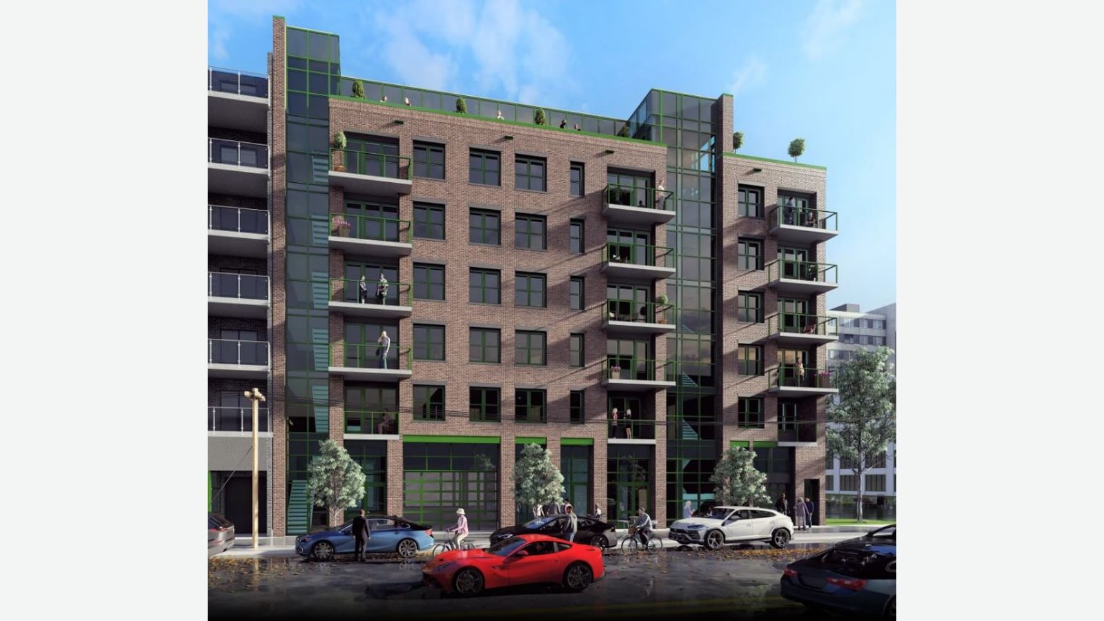 Rendering of a six-story brick apartment building with green-framed glass stair towers, stacked balconies with dark railings, a landscaped roof terrace and tall ground-floor windows, with cars and cyclists on a wet street in front