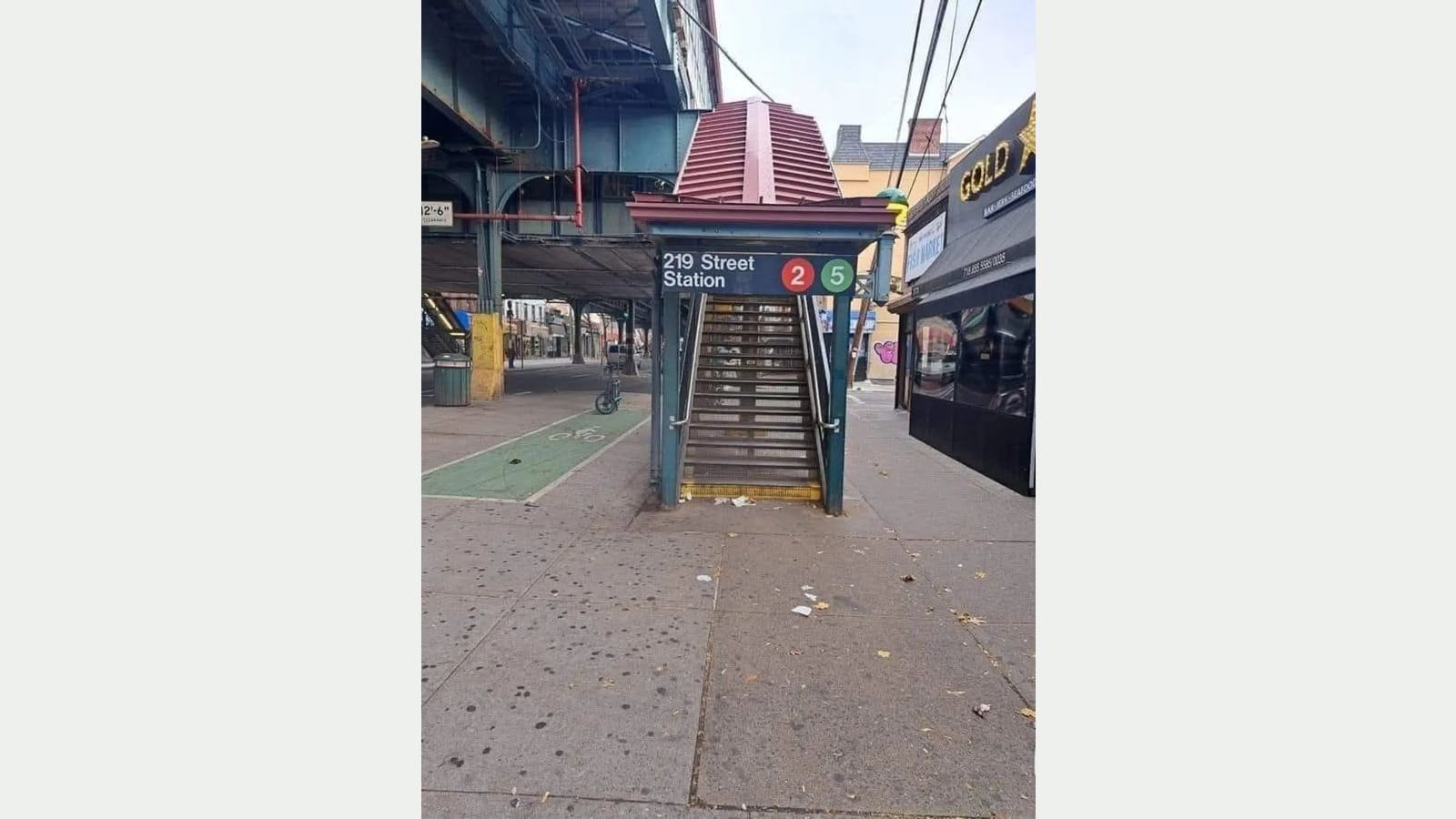 A street stair with a red metal canopy and a sign reading 219 Street Station with round 2 and 5 symbols, beside the green steel columns of the train line over White Plains Road, a green bike lane at left and shops with a GOLD sign at right