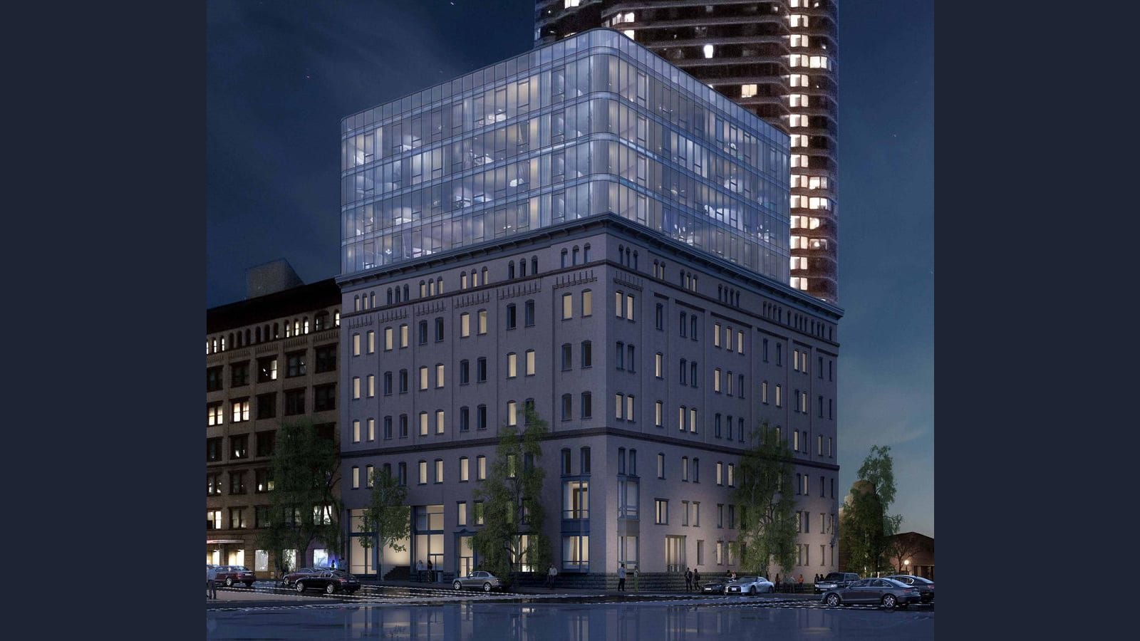 Rendering at dusk of an 11-story corner building: a seven-story gray brick base with rows of arched and square windows and two bay windows near the corner, topped by a four-story glass addition with rounded corners, with a taller tower behind it, street trees, parked cars and small figures on the sidewalk