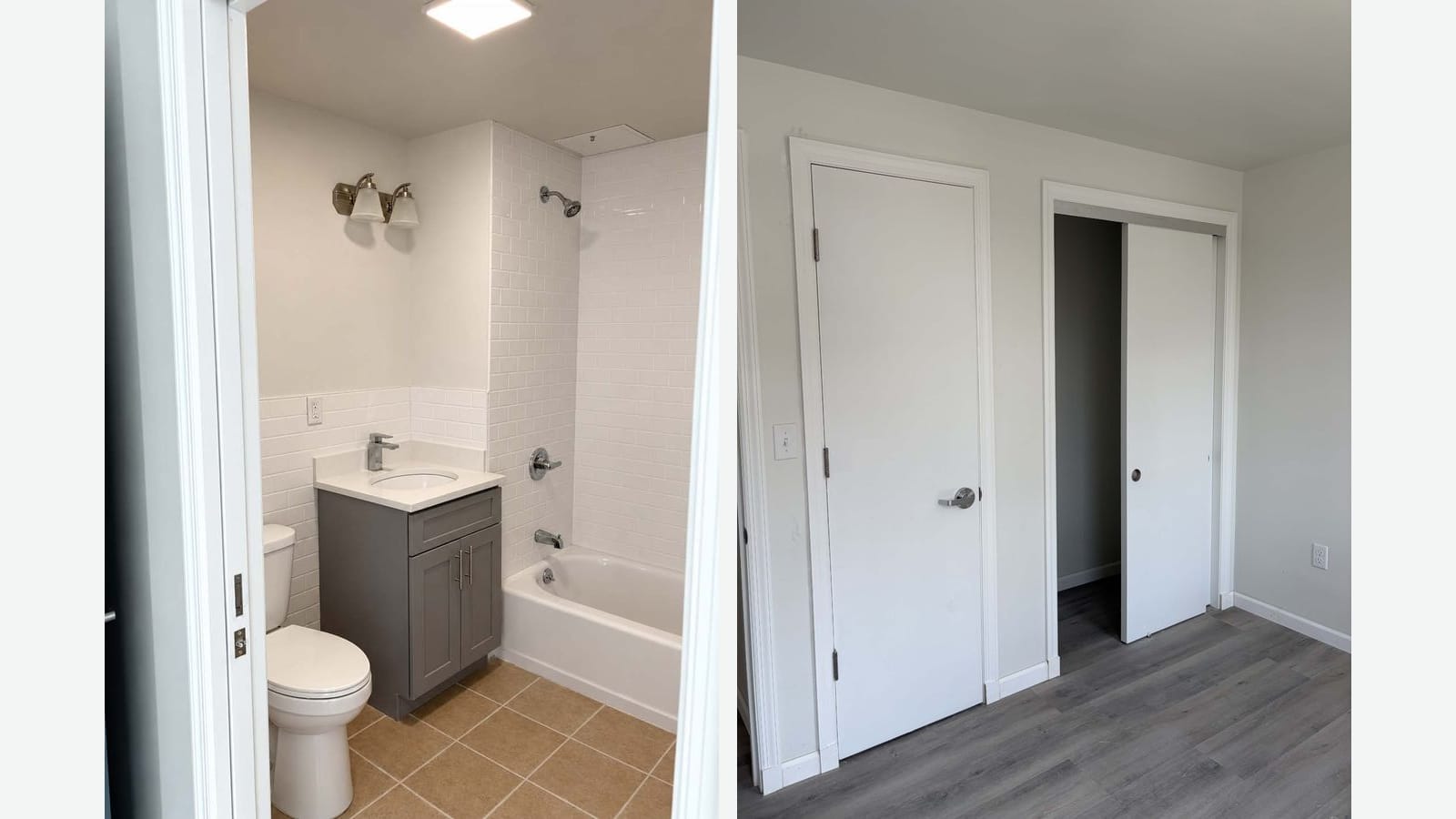 Two photographs side by side: on the left, a bathroom with a bathtub and shower in white subway tile, a gray vanity with a white top, a two-light wall fixture, a toilet and brown floor tiles; on the right, an empty bedroom with gray plank flooring, a white door and a closet with an open white sliding door