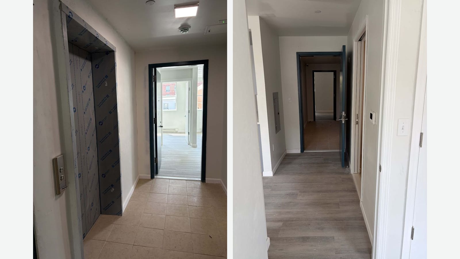 Two photographs side by side: on the left, an elevator lobby with beige floor tiles, the elevator cab still wrapped in protective blue-printed sheeting and an open dark-framed apartment door leading to a bright room; on the right, an apartment hallway with gray plank flooring, white walls, a thermostat and an open dark blue door at the end