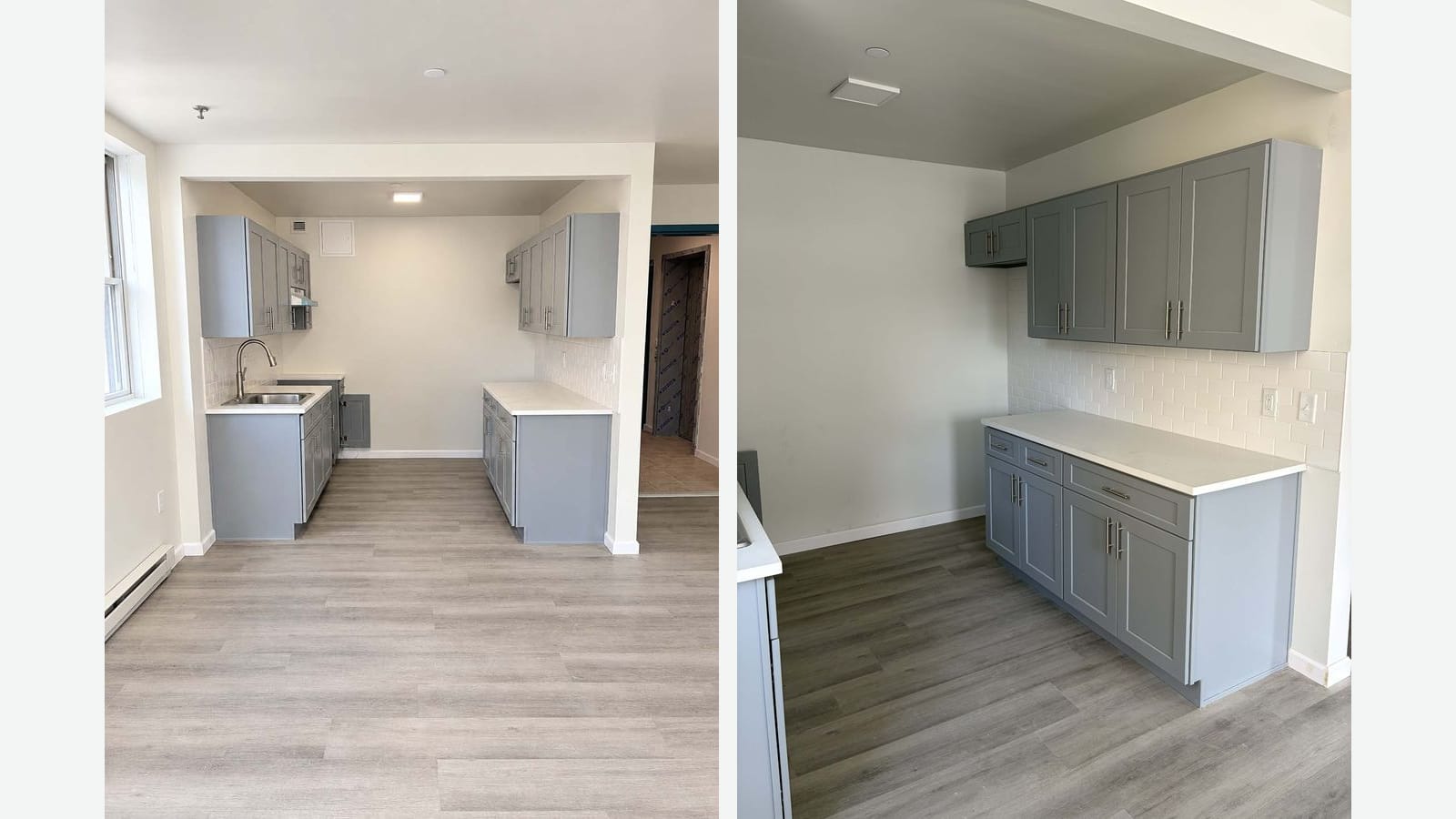 Two photographs side by side of empty apartment kitchens with gray shaker-style cabinets, white countertops and white subway-tile backsplashes over light gray plank flooring: on the left, a galley with a sink under a window and counters on both sides; on the right, a counter run with upper cabinets in a corner