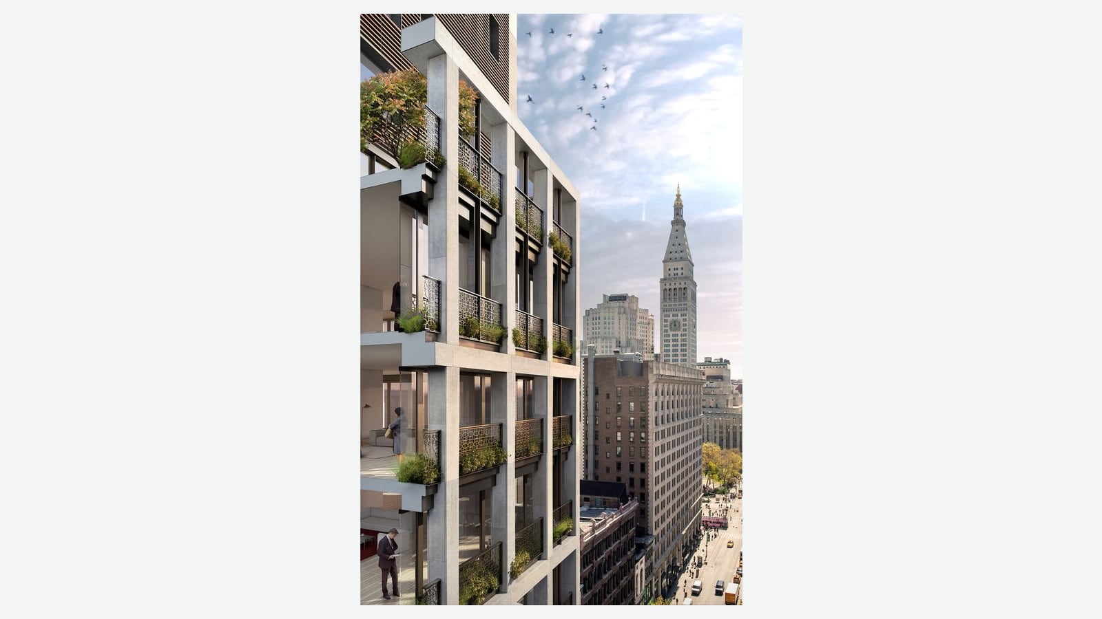 Rendering of the side of a stone-gridded tower with recessed balconies, patterned dark railings and planters, rendered people inside the rooms, and the Metropolitan Life clock tower, older office buildings and a street with yellow taxis below in the distance, on a plain light background